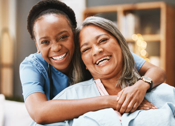 Caregiver and client smiling